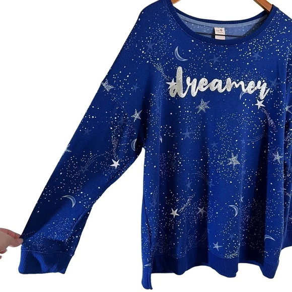 Secret Treasures Blue Top Silver Text Dreamer Stars Sky Sleep Long Sleeves Soft - Picture 4 of 9